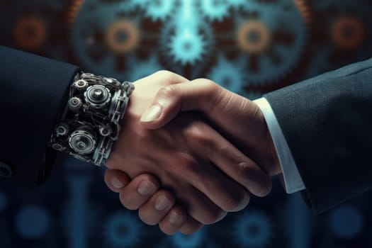 Robot and businessman hands in handshake. Generative AI.