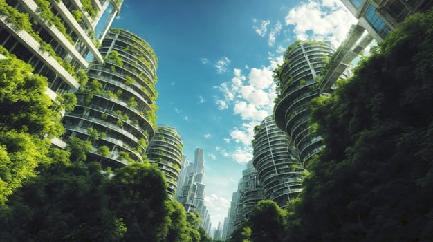 Futuristic eco-friendly skyscrapers rise in a lush urban forest, symbolizing sustainable living - Generative AI