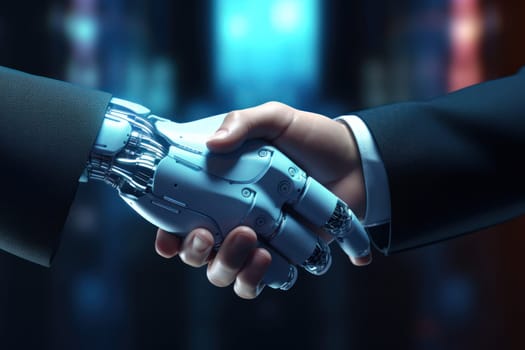 Robot and businessman hands in handshake. Generative AI.