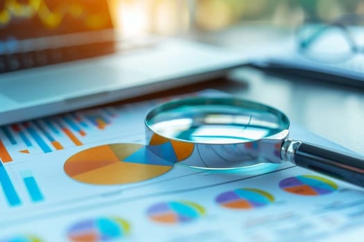 magnifying glass on financial chart. generated AI.