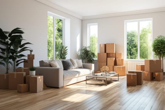 Move concept. Cardboard boxes and cleaning things for moving into a new home. Generative AI.