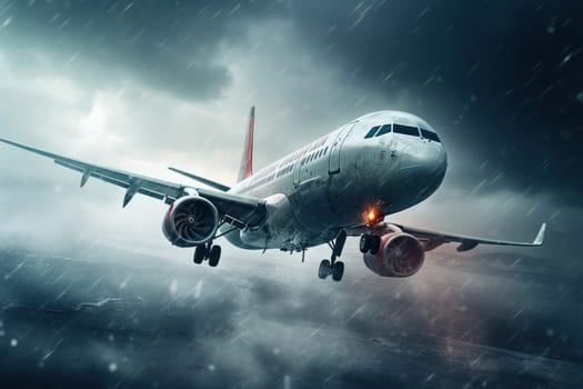 Passenger plane flies in a thunderstorm. Generate Ai..