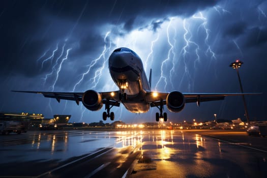 Passenger plane flies in a thunderstorm. Generate Ai..