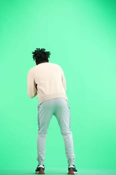 A man, full-length, on a green background.