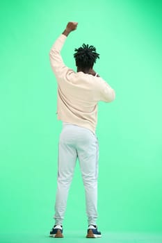 A man, full-length, on a green background, rejoices.
