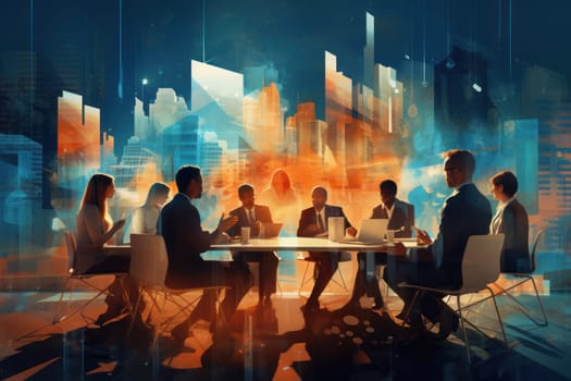 Double exposure image of many business people conference group meeting on city office building in background showing partnership success of business deal - Generative AI.