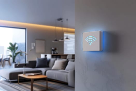 a wifi extender iot , blue wifi symbol, connected smart home.ai generative.