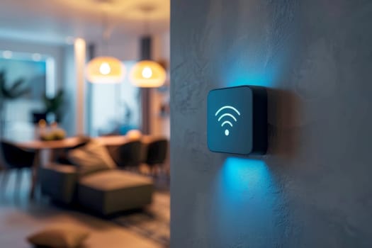 a wifi extender iot , blue wifi symbol, connected smart home.ai generative.