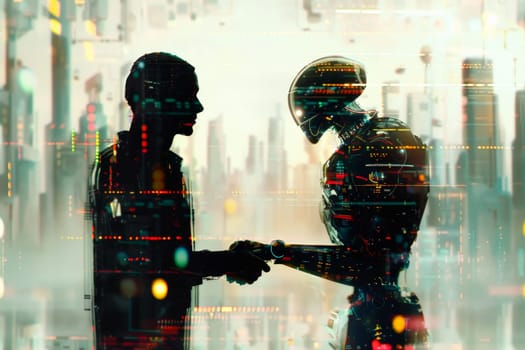 Man and robot shaking hands, concept of technological innovation, cooperation between robots and future artificial intelligence.