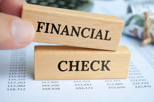 Financial Check text on wooden blocks with analysis on paper. Business and finance concept.