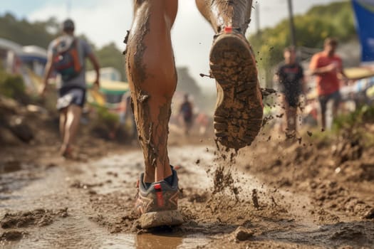 Group of close legged runners running on land . Athletics in the mud. Image generated by AI..