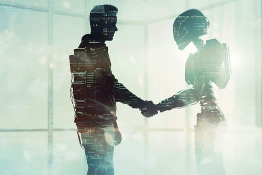 Man and robot shaking hands, concept of technological innovation, cooperation between robots and future artificial intelligence.