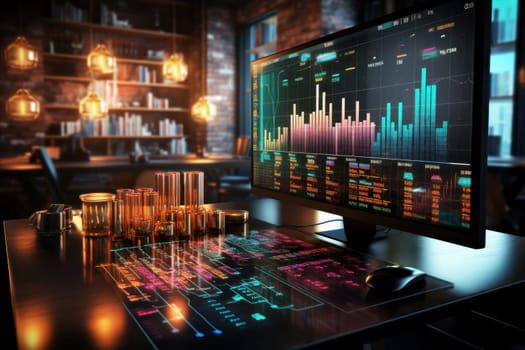 Computer laptop and dashboard for data business analysis and Data Management System with KPI and metrics connected to the database for technology finance, operations, sales, marketing - Generative AI.