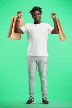 A man, full-length, on a green background, with bags.