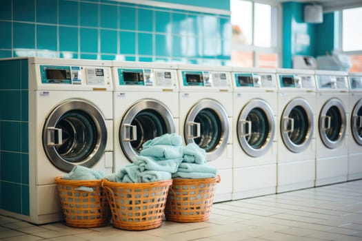 Row of washing machine of laundry business in the public store. Generative AI.