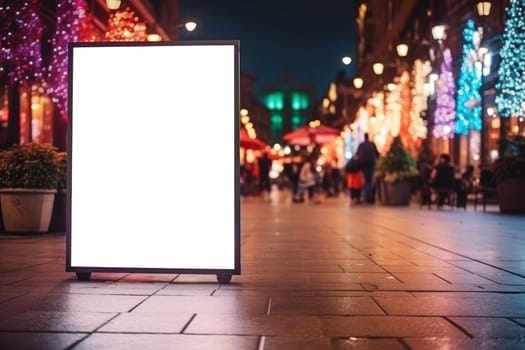 Christmas, Mock-up of blank billboard at store street showcase window in a city at night. Generative ai.