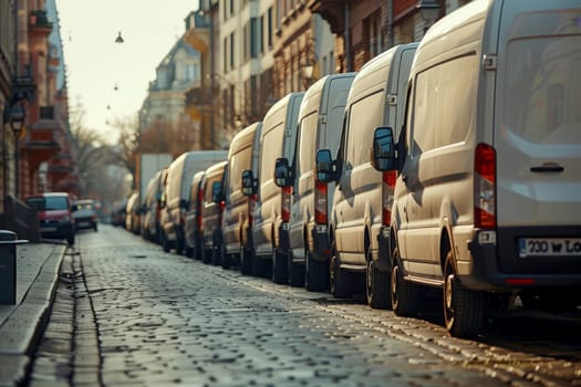 Commercial Delivery Vans Lined Up . Generative AI.