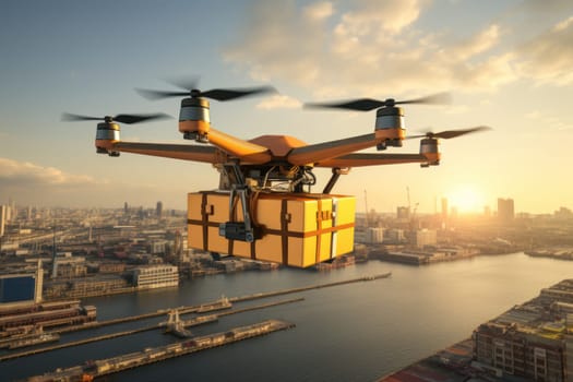 Future technology of autonomous logistics concept. Delivery drone flying background. Generative AI.