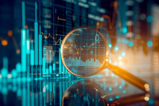 magnifying glass on financial chart. generated AI.