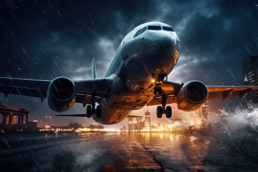 Passenger plane flies in a thunderstorm. Generate Ai..