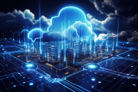 Cloud computing technology concept. Smart city and digital cloud data center.Futuristic big data processing cloud. Generative AI.