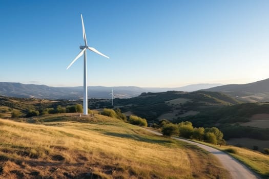 Wind turbines on the green hills against the colorful sunset sky. Production of renewable green energy. g. Generative AI.