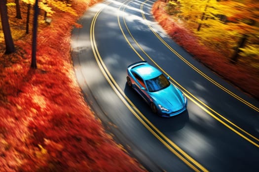 a car in autumn forest . Ideal for dreaming or traveling. Generative AI.