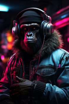 Monkey ape with headphone in neon background. generative AI.