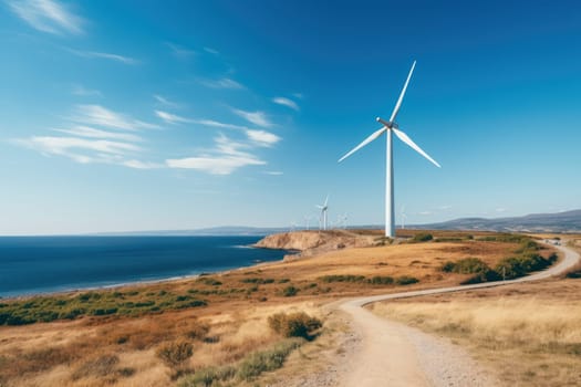 Wind turbines on the green hills against the colorful sunset sky. Production of renewable green energy. g. Generative AI.