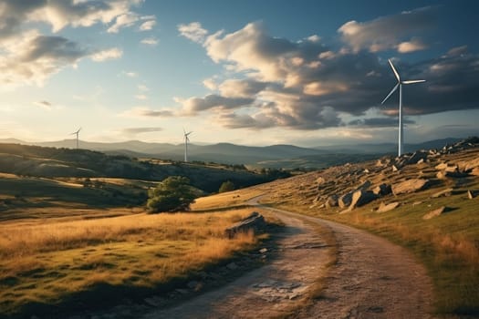 Wind turbines on the green hills against the colorful sunset sky. Production of renewable green energy. g. Generative AI.