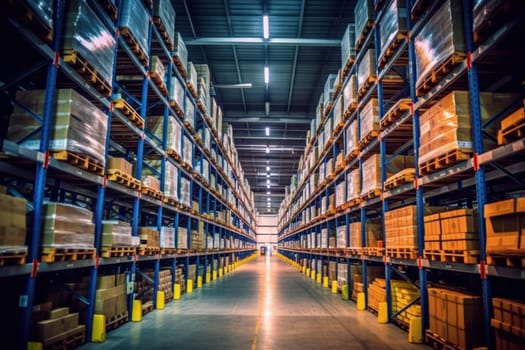 boxes placed on warehouse racks for a logistics . Generative Ai..