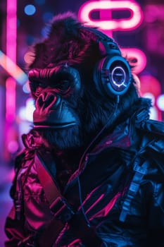 Monkey ape with headphone in neon background. generative AI.