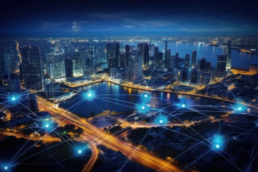 Smart city and big data concept. Futuristic cityscape at night. Generative AI.
