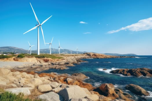 Wind turbines on the green hills against the colorful sunset sky. Production of renewable green energy. g. Generative AI.