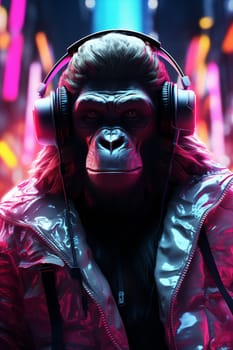 Monkey ape with headphone in neon background. generative AI.