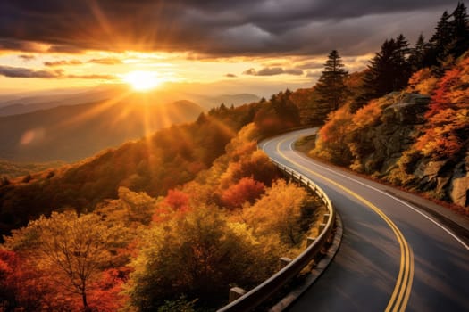 Autumn road trip. Highway in beautiful autumn landscape created with Generative AI technology.