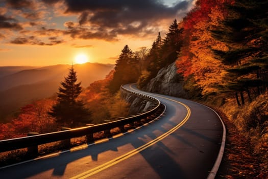 Autumn road trip. Highway in beautiful autumn landscape created with Generative AI technology.