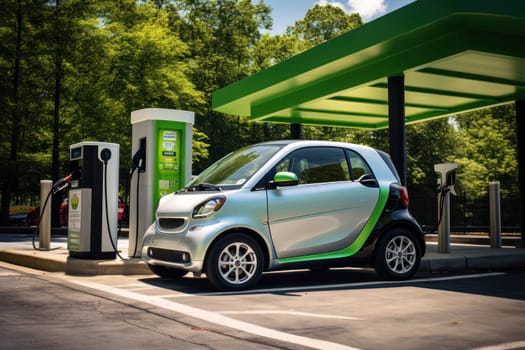 EV charging car on a sunny day. Generative AI..