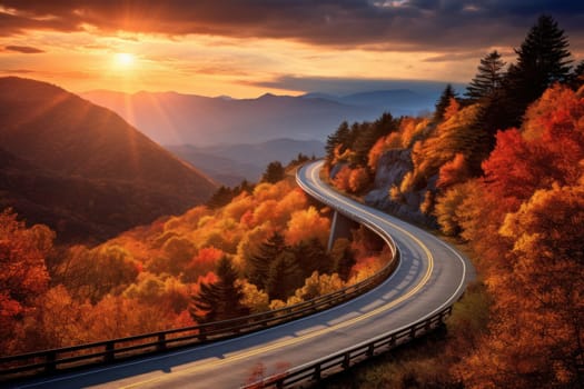 Autumn road trip. Highway in beautiful autumn landscape created with Generative AI technology.