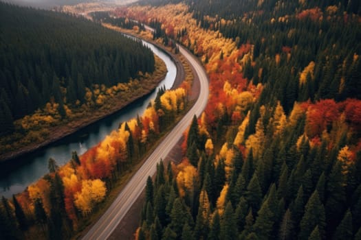 Autumn road trip. Highway in beautiful autumn landscape created with Generative AI technology.