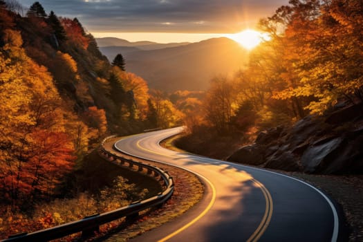 Autumn road trip. Highway in beautiful autumn landscape created with Generative AI technology.