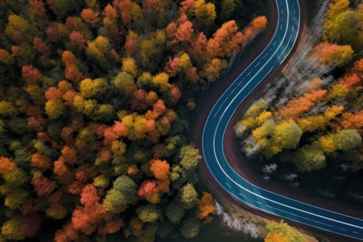 Autumn road trip. Highway in beautiful autumn landscape created with Generative AI technology.