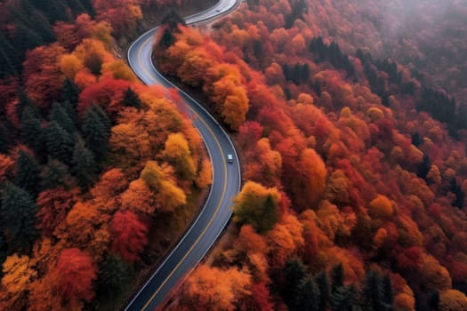 Autumn road trip. Highway in beautiful autumn landscape created with Generative AI technology.