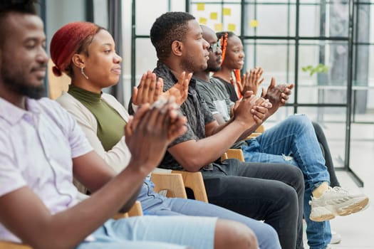 People chat in a business meeting or meet with competitors while sitting in line for an interview.