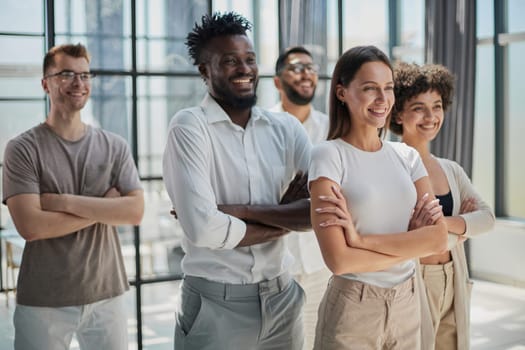 Face of beautiful woman on the background of business people