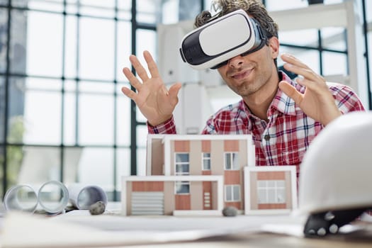 Virtual reality futuristic design technology. Architect or design engineer in VR headset for BIM technology