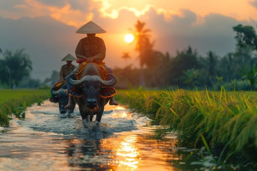 The atmosphere of the rice fields adorned with lush green rice plants, Rice farming with buffalo.