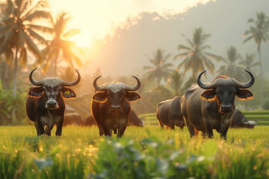 The atmosphere of the rice fields adorned with lush green rice plants, Rice farming with buffalo.