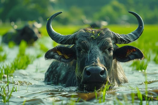 The atmosphere of the rice fields adorned with lush green rice plants, Rice farming with buffalo.