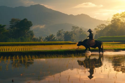 The atmosphere of the rice fields adorned with lush green rice plants, Rice farming with buffalo.